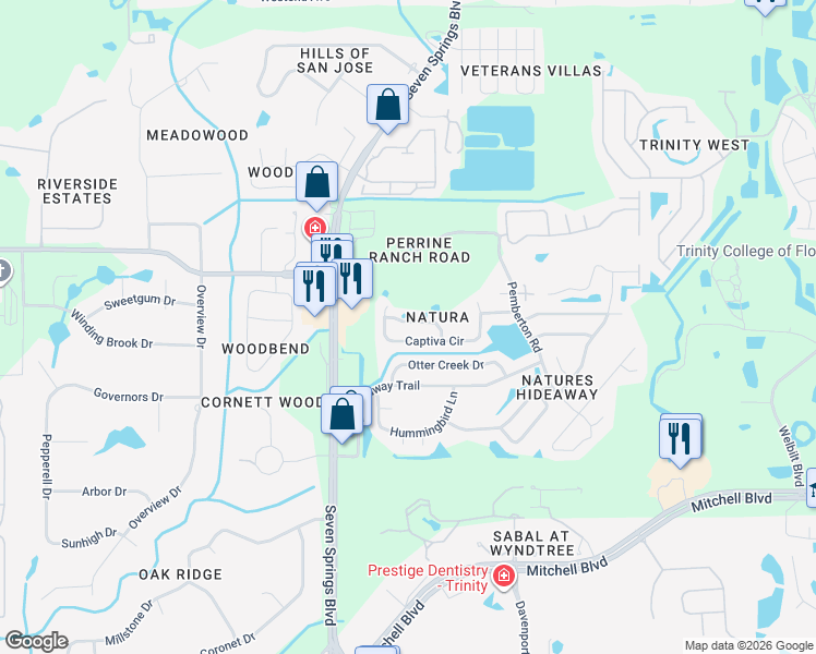 map of restaurants, bars, coffee shops, grocery stores, and more near 7130 Arboretum Way in New Port Richey