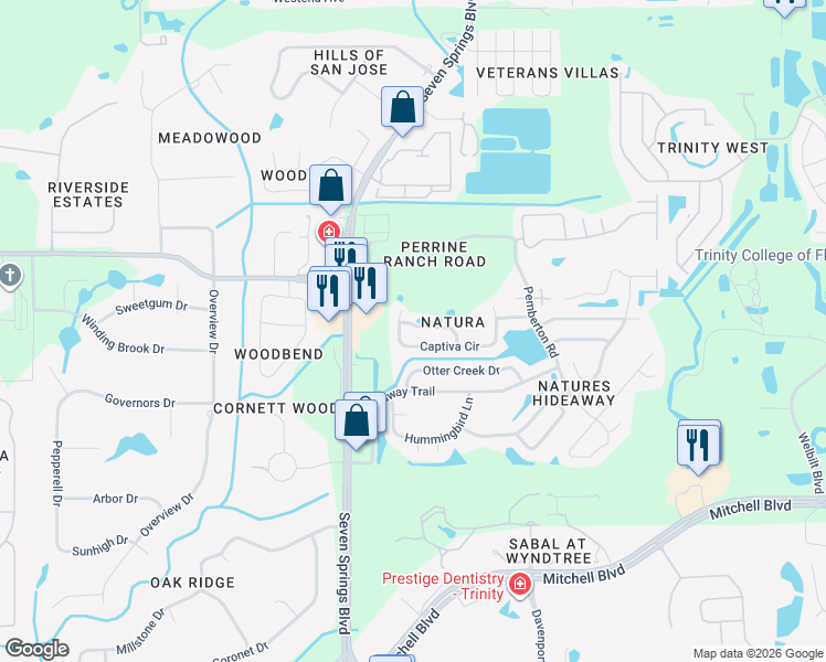 map of restaurants, bars, coffee shops, grocery stores, and more near 7130 Arboretum Way in New Port Richey