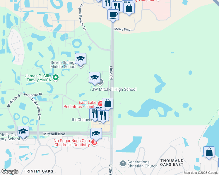 map of restaurants, bars, coffee shops, grocery stores, and more near 2323 Little Road in Trinity