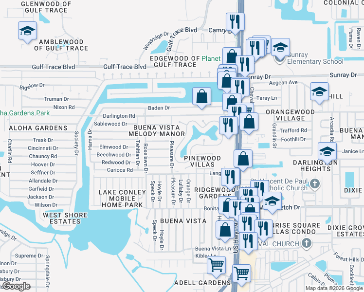map of restaurants, bars, coffee shops, grocery stores, and more near 4338 Tahitian Gardens Circle in Holiday