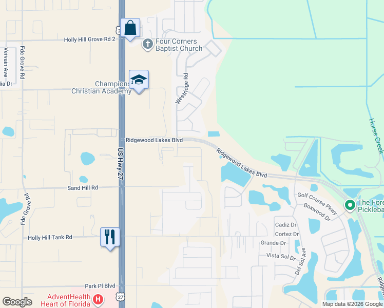 map of restaurants, bars, coffee shops, grocery stores, and more near 225 Ridgewood Lakes Boulevard in Davenport