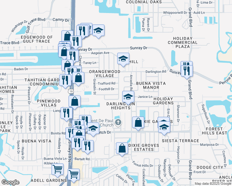 map of restaurants, bars, coffee shops, grocery stores, and more near 4832 Longwood Avenue in Holiday