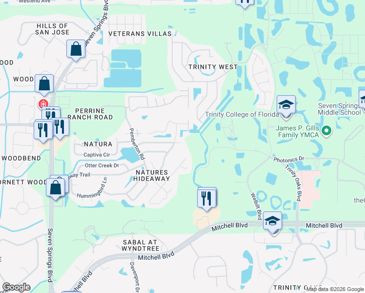 map of restaurants, bars, coffee shops, grocery stores, and more near 7718 Whisper Woods Court in New Port Richey