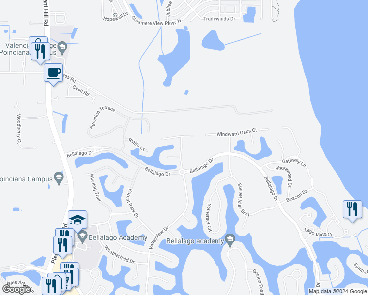 map of restaurants, bars, coffee shops, grocery stores, and more near 3405 Great Pond Drive in Kissimmee