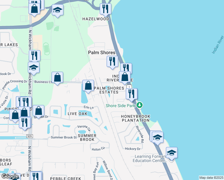 map of restaurants, bars, coffee shops, grocery stores, and more near 168 Palm Circle in Melbourne