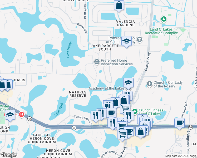 map of restaurants, bars, coffee shops, grocery stores, and more near 2431 Shorewood Lane in Land O' Lakes