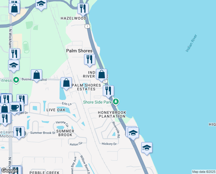 map of restaurants, bars, coffee shops, grocery stores, and more near 3105 North US Highway 1 in Melbourne