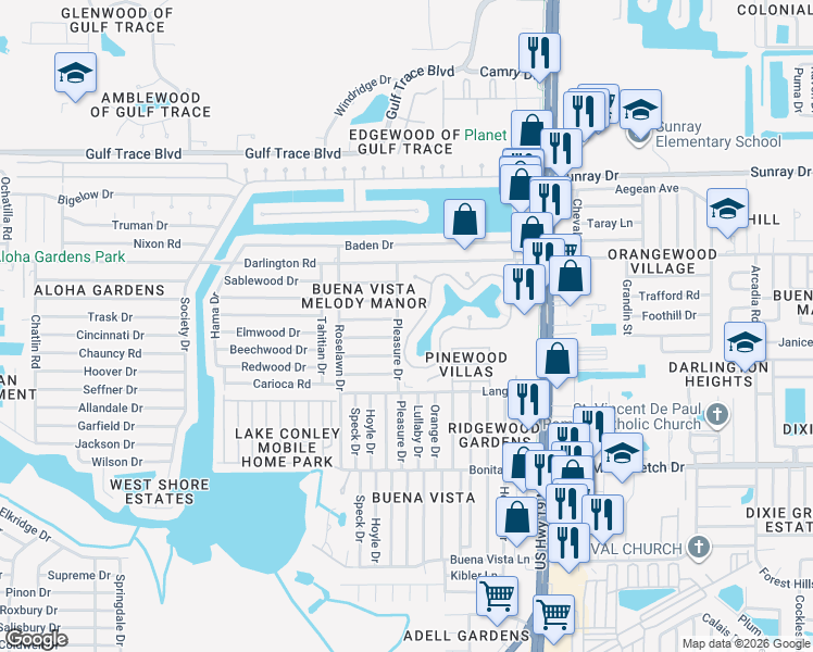map of restaurants, bars, coffee shops, grocery stores, and more near 4115 Ironware Drive in Holiday