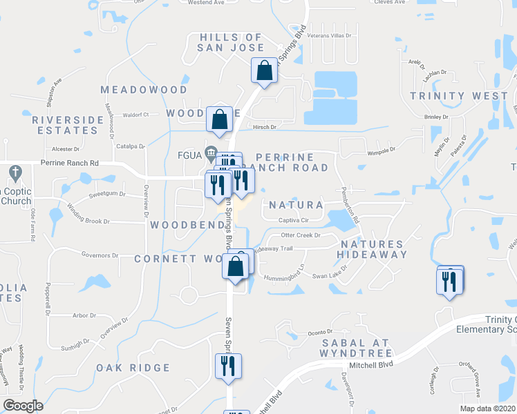 map of restaurants, bars, coffee shops, grocery stores, and more near 7026 Captiva Circle in New Port Richey