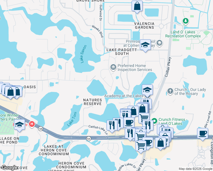 map of restaurants, bars, coffee shops, grocery stores, and more near 2463 Shorewood Lane in Land O' Lakes
