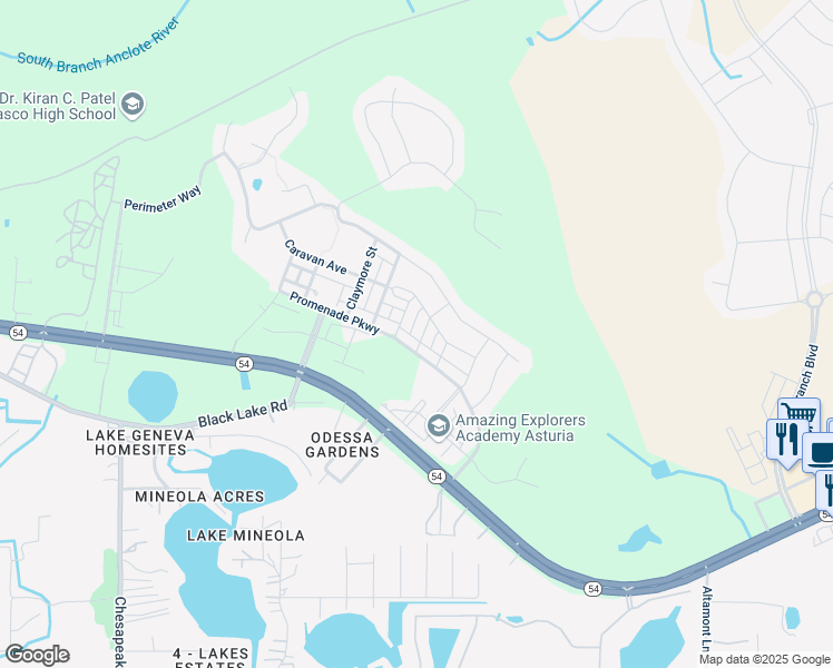 map of restaurants, bars, coffee shops, grocery stores, and more near 2393 Gathering Way in Odessa