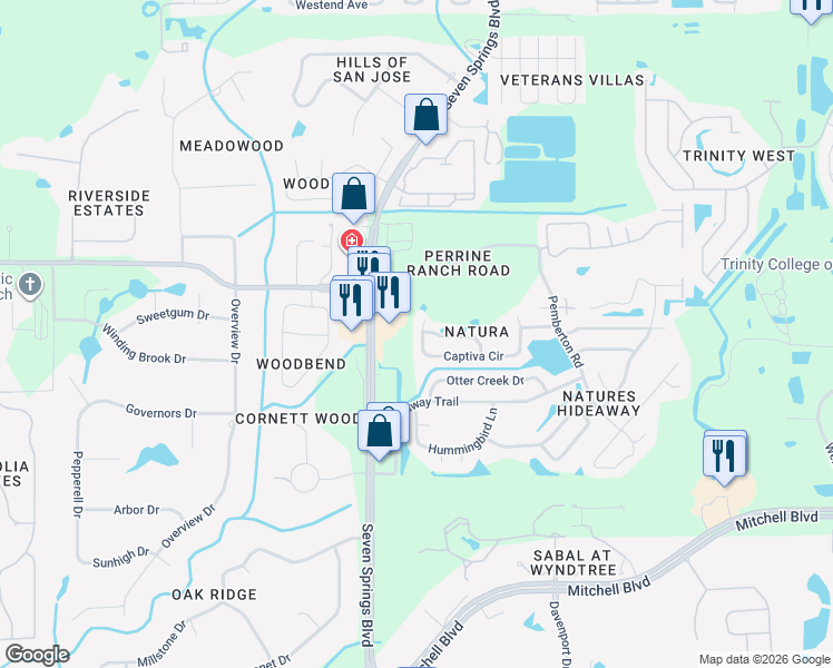 map of restaurants, bars, coffee shops, grocery stores, and more near 7026 Captiva Circle in New Port Richey
