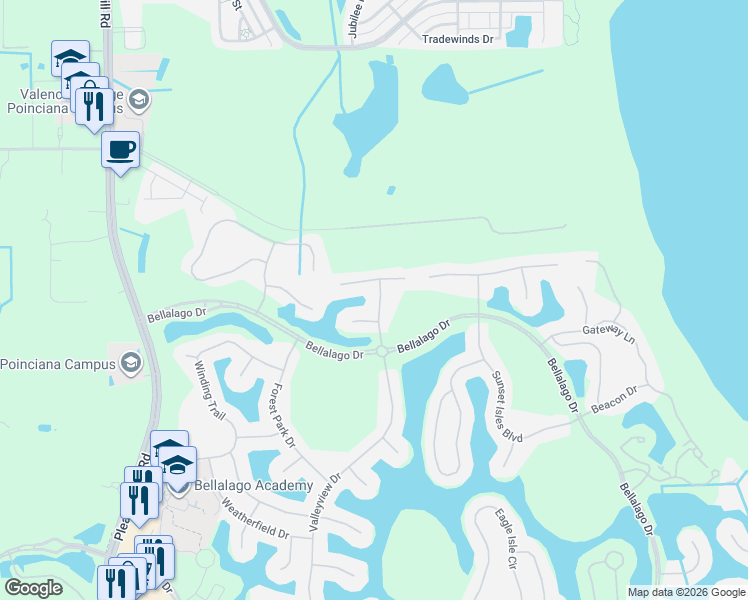 map of restaurants, bars, coffee shops, grocery stores, and more near 2621 Meadow View Court in Kissimmee