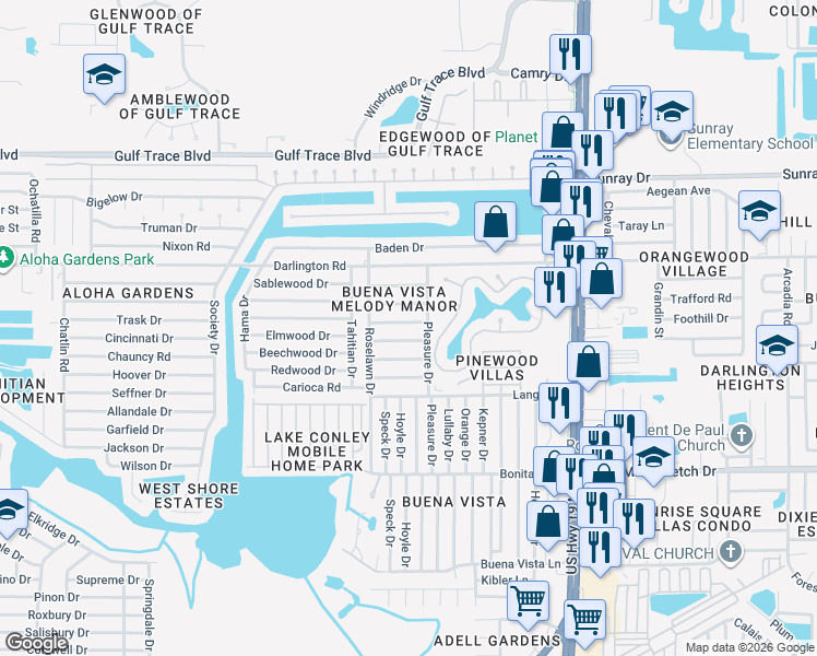 map of restaurants, bars, coffee shops, grocery stores, and more near 4050 Chesswood Drive in Holiday