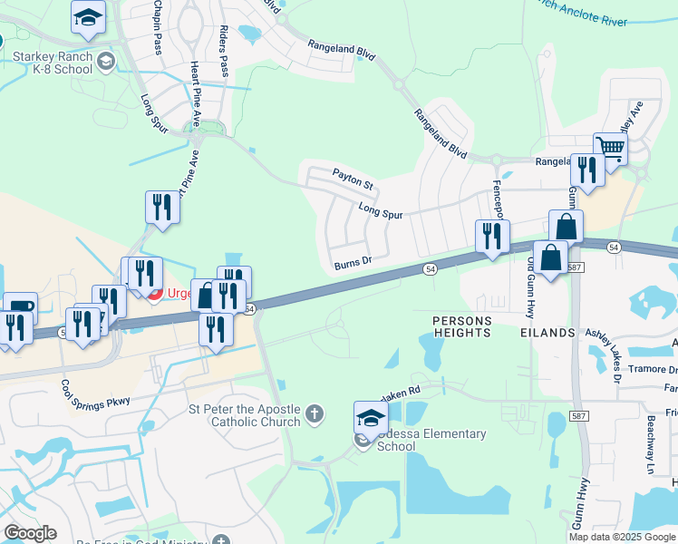 map of restaurants, bars, coffee shops, grocery stores, and more near 12874 Burns Drive in Odessa