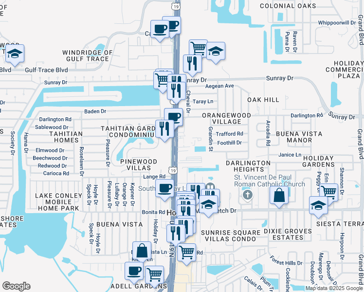 map of restaurants, bars, coffee shops, grocery stores, and more near 2328 U.S. 19 in Holiday