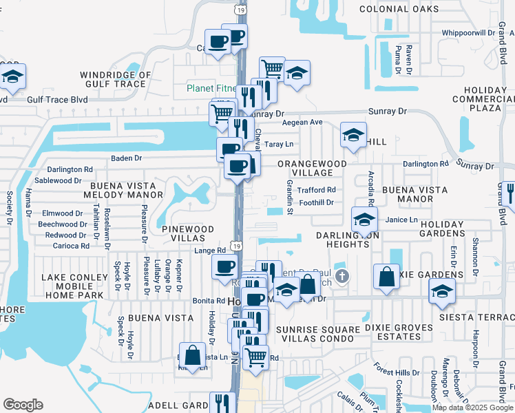 map of restaurants, bars, coffee shops, grocery stores, and more near 2328 U.S. 19 in Holiday