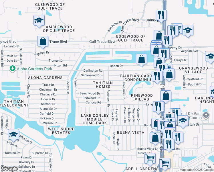 map of restaurants, bars, coffee shops, grocery stores, and more near 2333 Roselawn Drive in Holiday