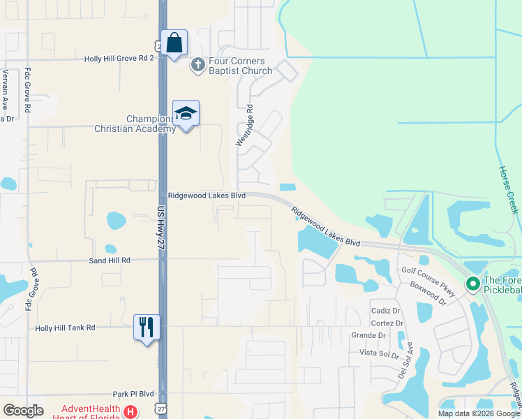 map of restaurants, bars, coffee shops, grocery stores, and more near 225 Ridgewood Lakes Boulevard in Davenport