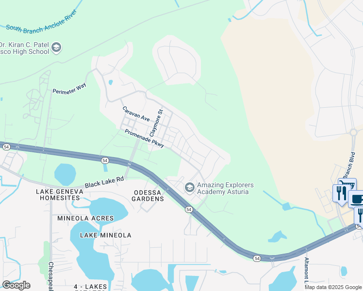 map of restaurants, bars, coffee shops, grocery stores, and more near 2393 Gathering Way in Odessa