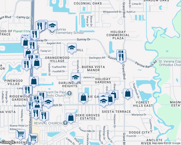map of restaurants, bars, coffee shops, grocery stores, and more near 2327 Lemur Drive in Holiday