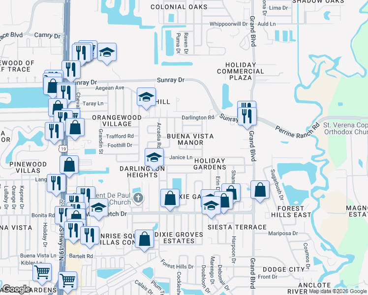 map of restaurants, bars, coffee shops, grocery stores, and more near 5117 Janice Lane in Holiday
