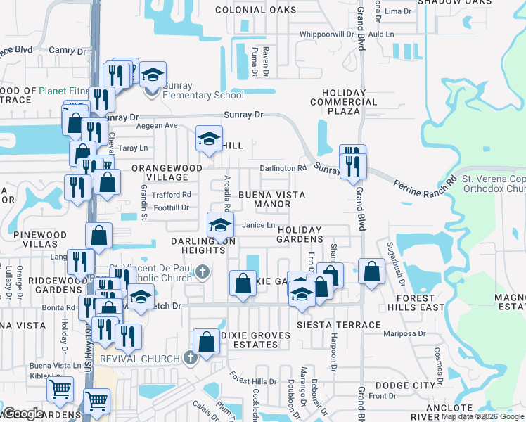 map of restaurants, bars, coffee shops, grocery stores, and more near 2327 Lemur Drive in Holiday