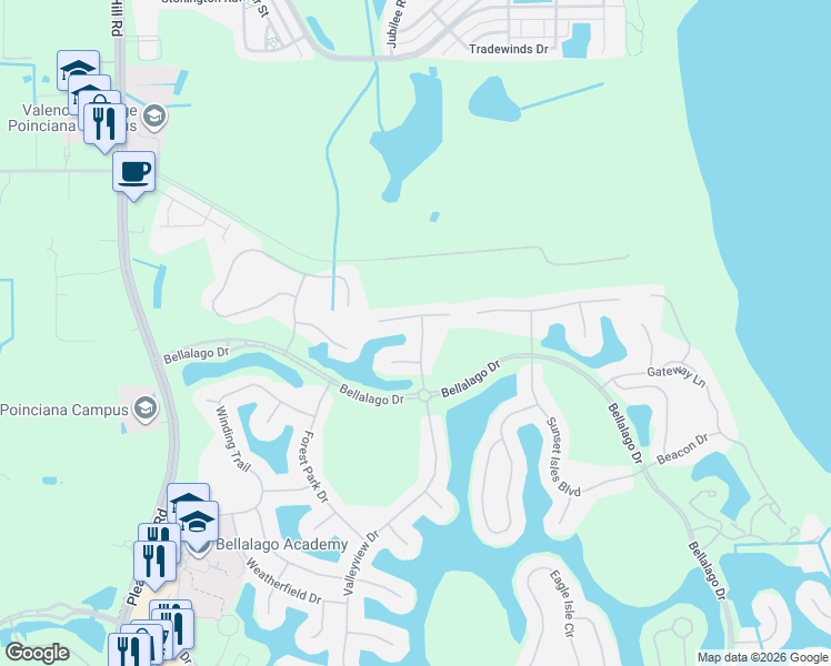 map of restaurants, bars, coffee shops, grocery stores, and more near 2621 Meadow View Court in Kissimmee