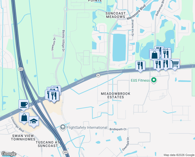map of restaurants, bars, coffee shops, grocery stores, and more near 2404 Brookside Drive in Lutz
