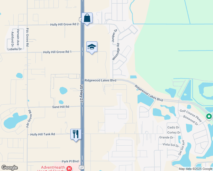 map of restaurants, bars, coffee shops, grocery stores, and more near 225 Ridgewood Lakes Boulevard in Davenport