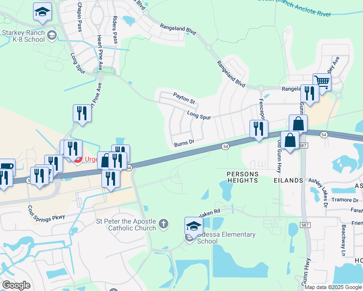 map of restaurants, bars, coffee shops, grocery stores, and more near 12874 Burns Drive in Odessa