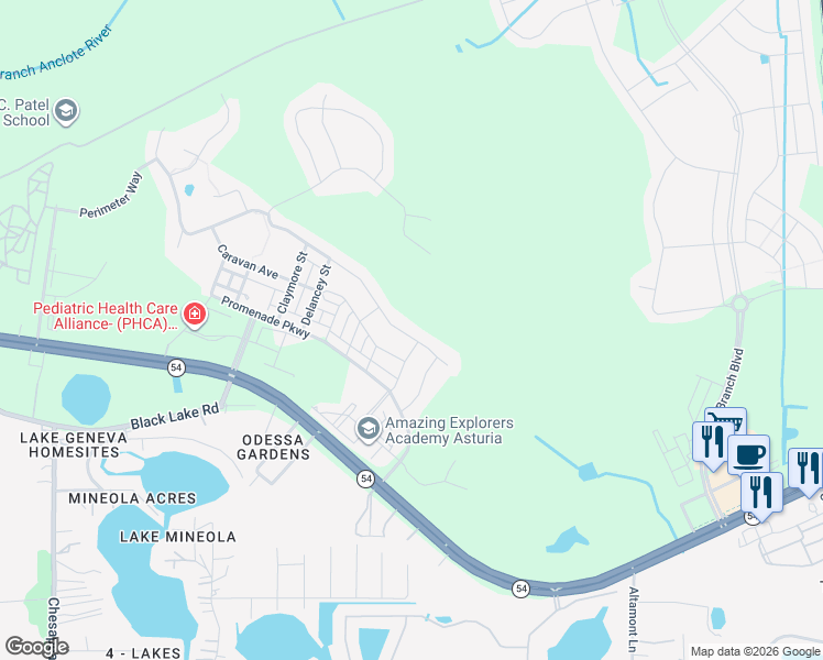 map of restaurants, bars, coffee shops, grocery stores, and more near 15429 Caravan Avenue in Odessa