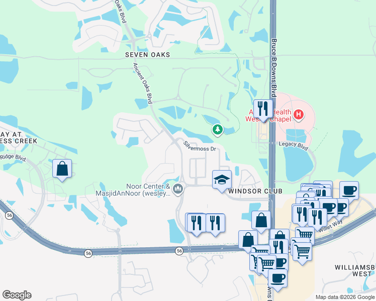 map of restaurants, bars, coffee shops, grocery stores, and more near 2645 Silvermoss Drive in Wesley Chapel