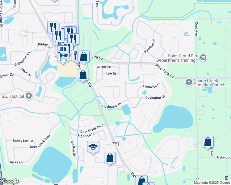map of restaurants, bars, coffee shops, grocery stores, and more near 1853 Cayman Cove Circle in St. Cloud