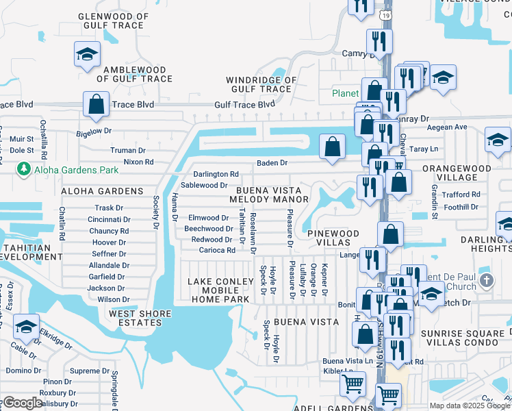 map of restaurants, bars, coffee shops, grocery stores, and more near 4005 Chesswood Drive in Holiday