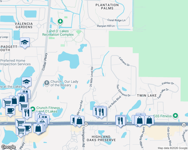 map of restaurants, bars, coffee shops, grocery stores, and more near 2526 20 Mile Level Road in Land O' Lakes