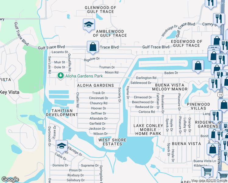 map of restaurants, bars, coffee shops, grocery stores, and more near 3543 Umber Road in Holiday