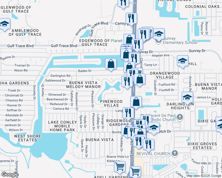 map of restaurants, bars, coffee shops, grocery stores, and more near 4320 Tahitian Gardens Circle in Holiday
