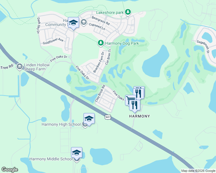 map of restaurants, bars, coffee shops, grocery stores, and more near Five Oaks Drive in St. Cloud