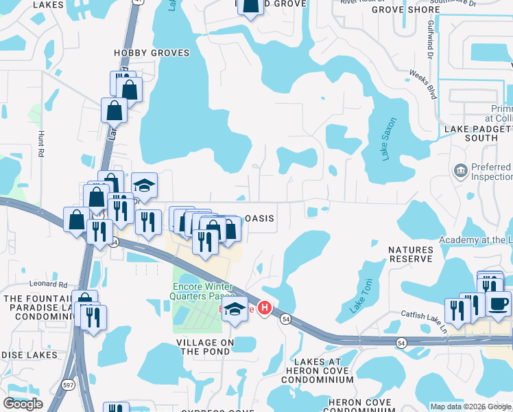 map of restaurants, bars, coffee shops, grocery stores, and more near 21812 Carson Drive in Land O' Lakes