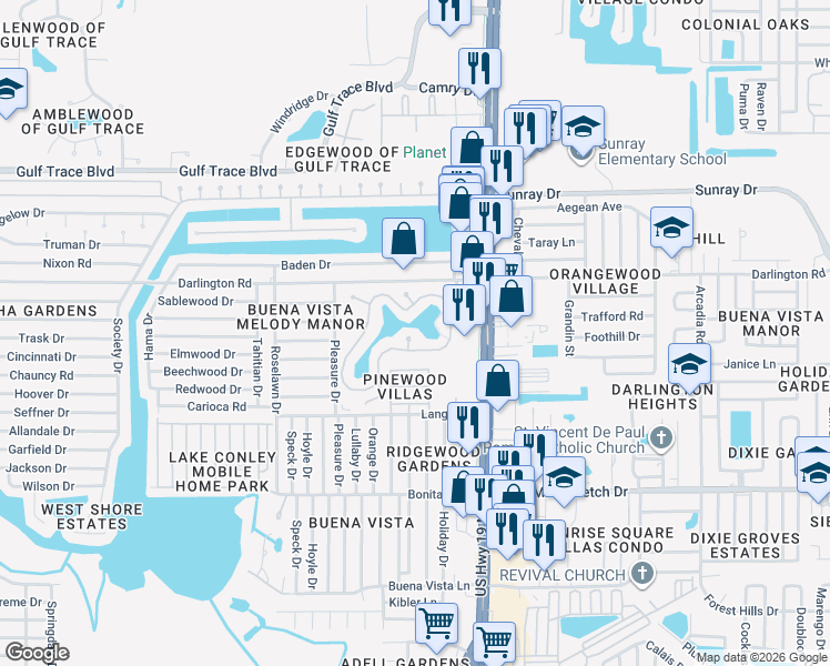map of restaurants, bars, coffee shops, grocery stores, and more near 4354 Tahitian Gardens Circle in Holiday