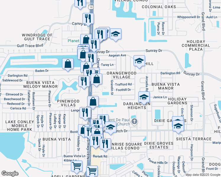 map of restaurants, bars, coffee shops, grocery stores, and more near 2343 Grandin Street in Holiday