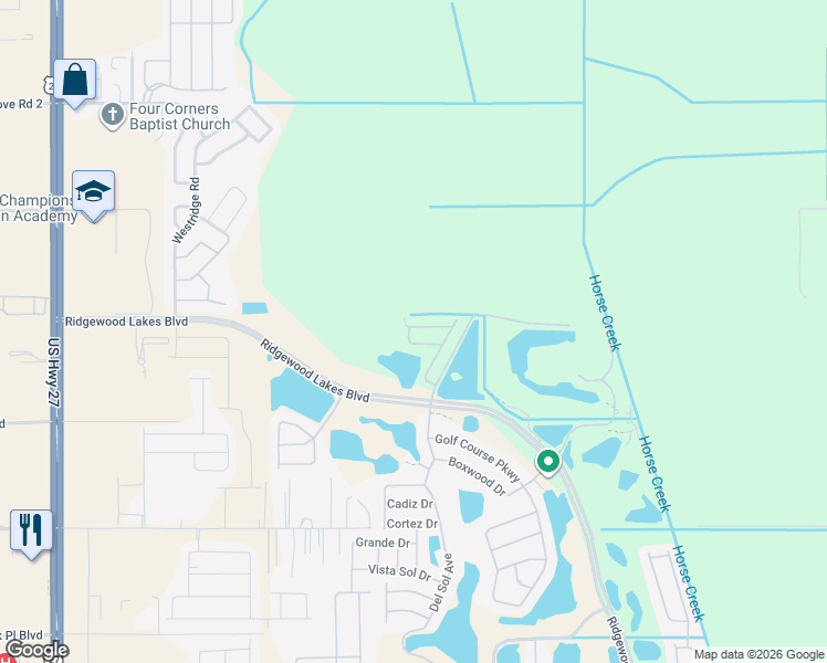 map of restaurants, bars, coffee shops, grocery stores, and more near Ridgewood Lakes Boulevard in Davenport