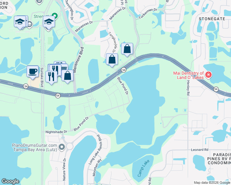 map of restaurants, bars, coffee shops, grocery stores, and more near 2490 Morninglight Drive in Lutz