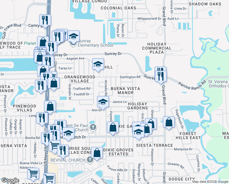 map of restaurants, bars, coffee shops, grocery stores, and more near 2406 Cool Road in Holiday