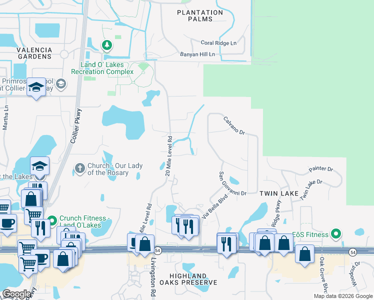 map of restaurants, bars, coffee shops, grocery stores, and more near 23637 Terrell Lane in Land O' Lakes
