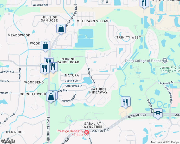 map of restaurants, bars, coffee shops, grocery stores, and more near 2406 Kokomo Way in New Port Richey