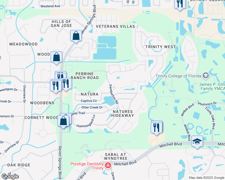 map of restaurants, bars, coffee shops, grocery stores, and more near 2406 Kokomo Way in New Port Richey