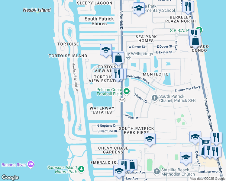 map of restaurants, bars, coffee shops, grocery stores, and more near 376 North Lakeside Drive in Satellite Beach