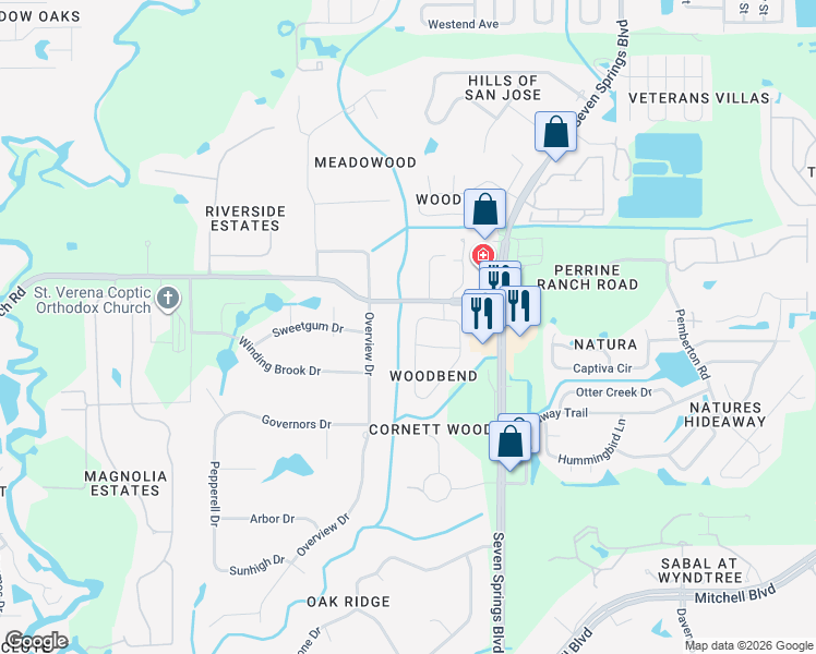 map of restaurants, bars, coffee shops, grocery stores, and more near 2309 Woodbend Circle in New Port Richey
